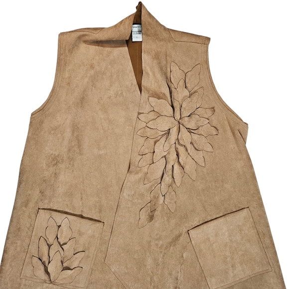Brown Faux Suede Open Front Drape Vest Sz L Floral Boho Western Cowgirl Festival - Picture 9 of 15